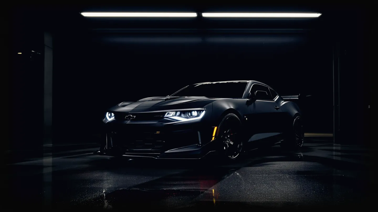 A modified Chevrolet Camaro under garage lights.