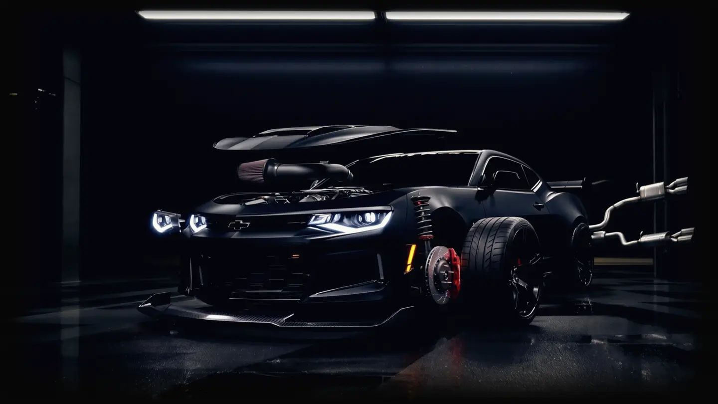 The same Chevrolet Camaro taken apart: wheels, brakes, coilovers, exhaust, intake, headlight and splitter laid out around the car.