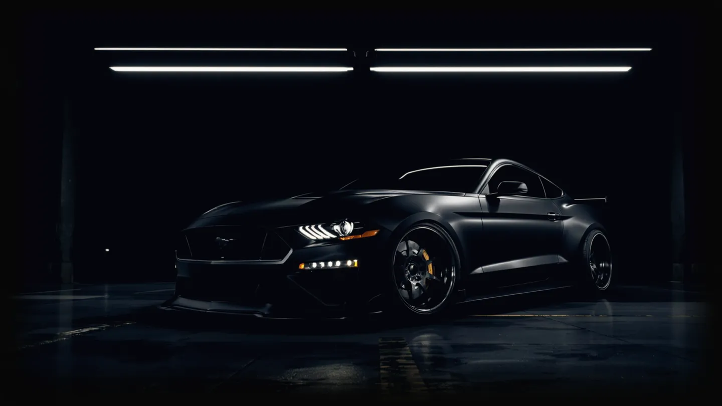 A modified Ford Mustang under garage lights.