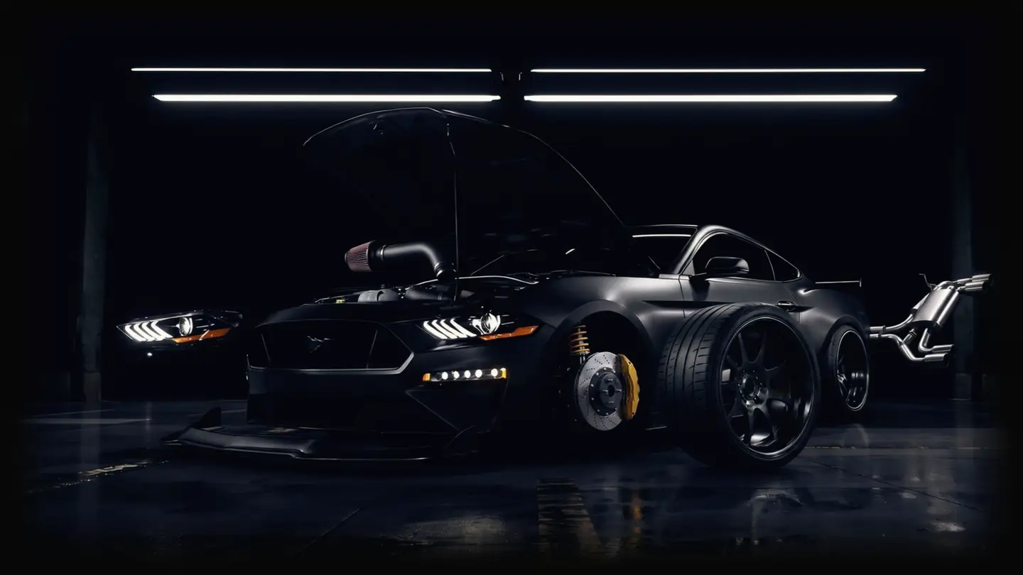 The same Ford Mustang taken apart: wheels, brakes, coilovers, exhaust, intake, headlight and splitter laid out around the car.