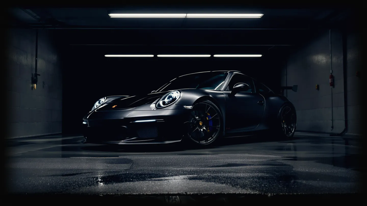 A lowered Porsche 911 in a dark garage under a light bar