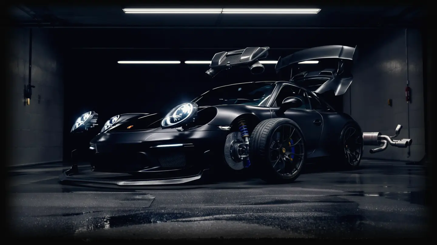 The same Porsche 911 taken apart: wheels, brakes, coilovers, exhaust, intake, headlight and splitter laid out around the car.