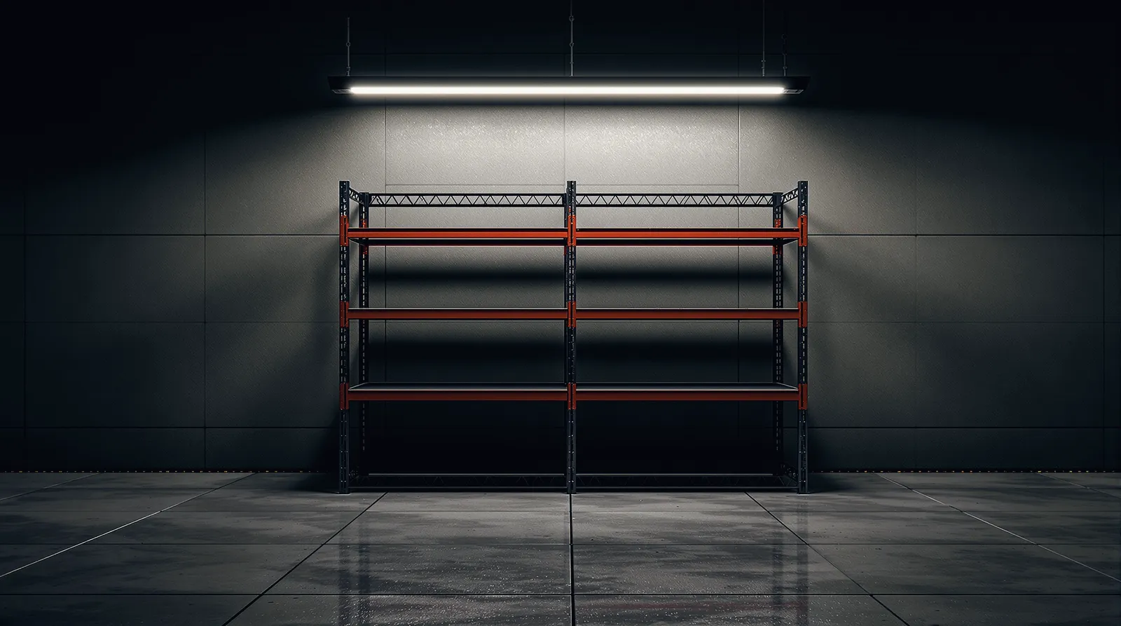 An empty steel storage rack in a garage