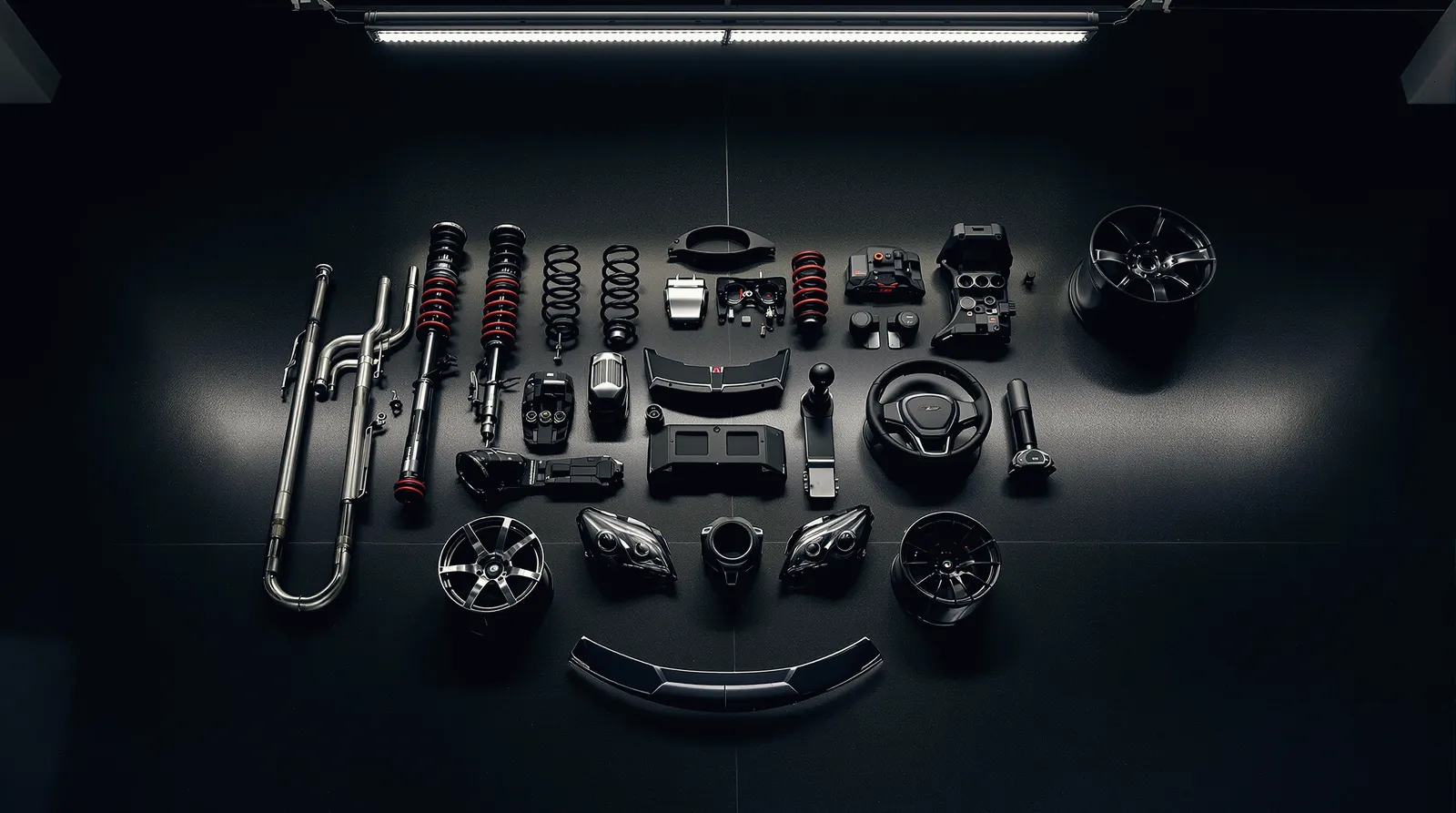 Used car parts laid out in a grid on a garage floor, seen from above